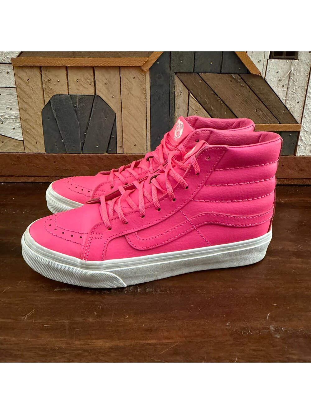Vans Sk8-Hi Slim Neon Leather Pink High Top Sneakers Women's 6 / Men's 4.5